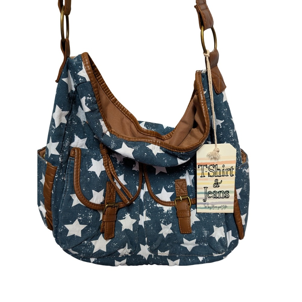 T-Shirt & Jeans Womens Star Print Canvas‎ Hobo Bag Blue Brown Faux Leather Trim